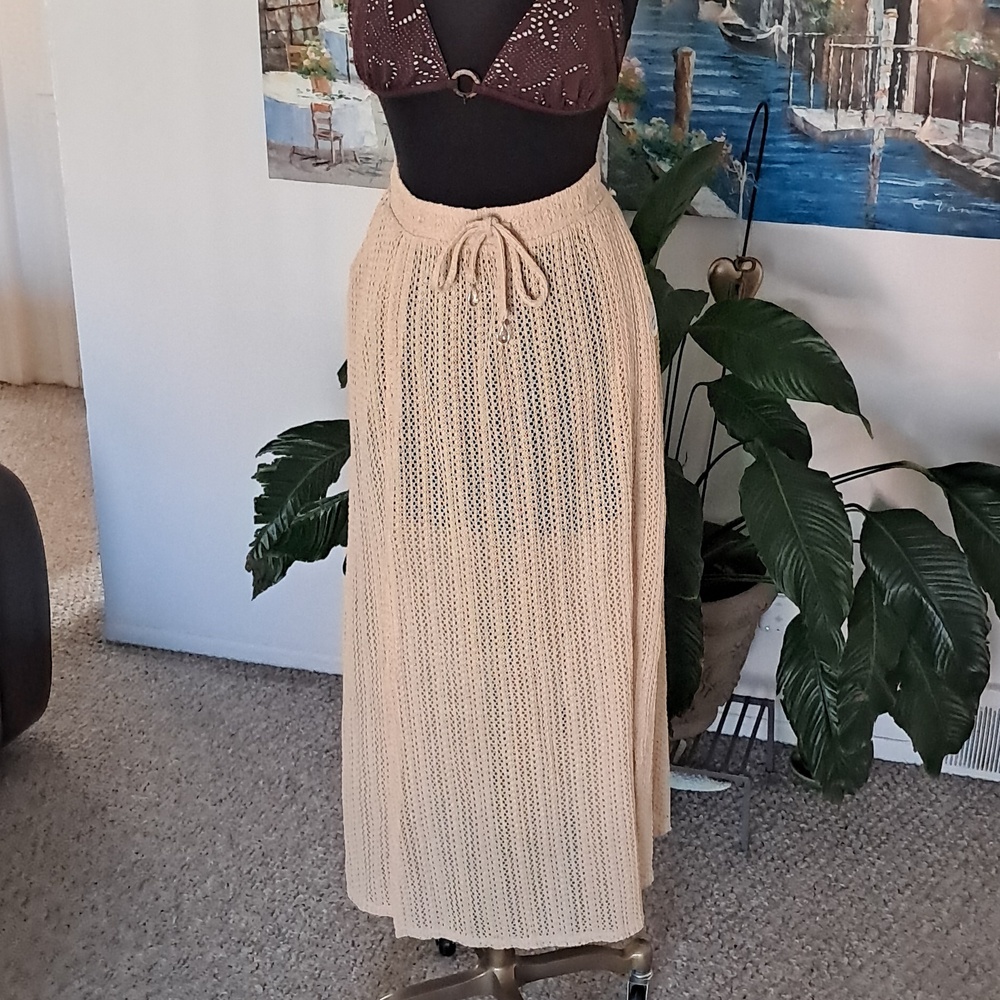 Beige Knit Maxi Skirt with Drawstring Waist Swimsuit Cover-up